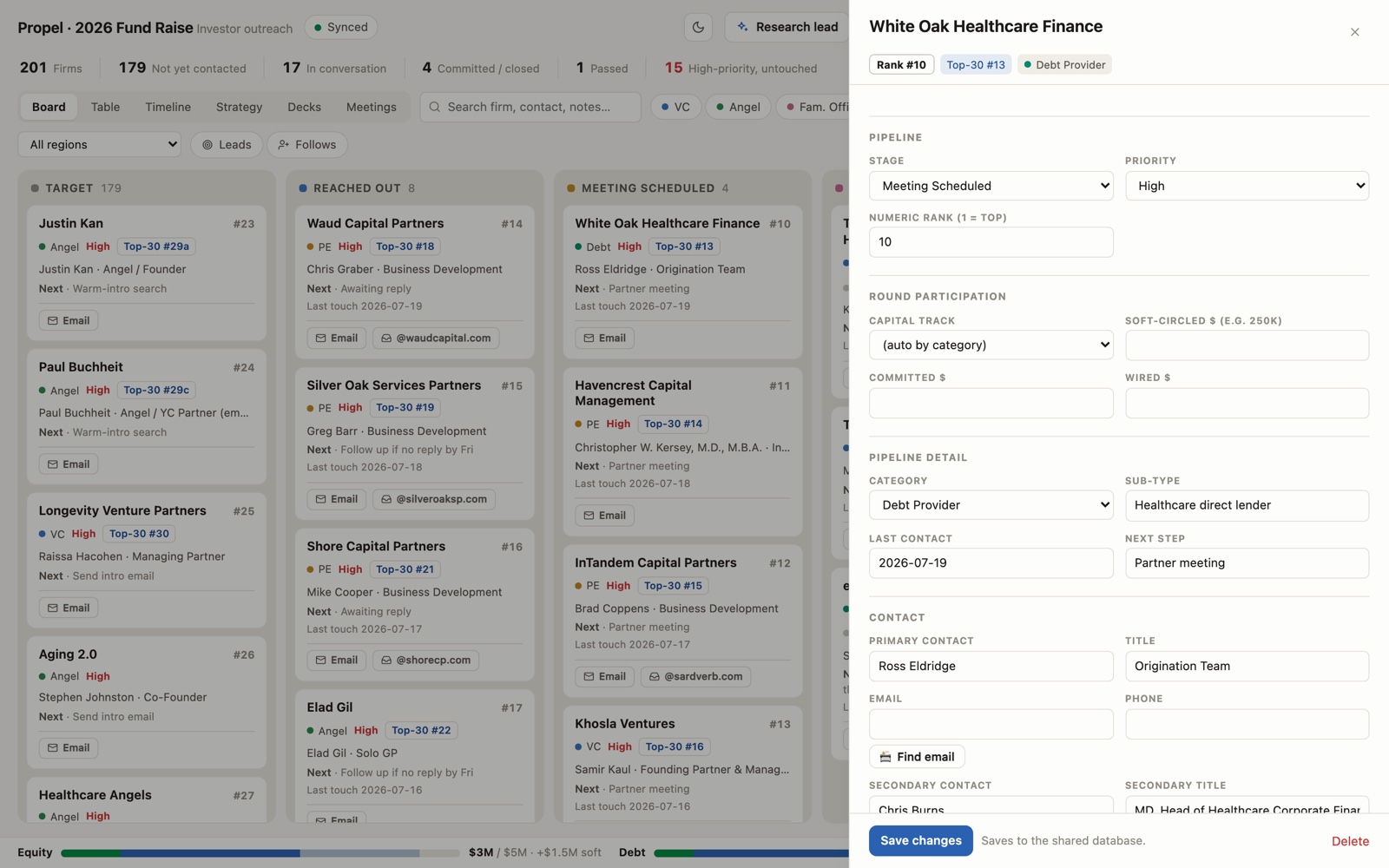 Investor drawer with pipeline, round participation and contact detail